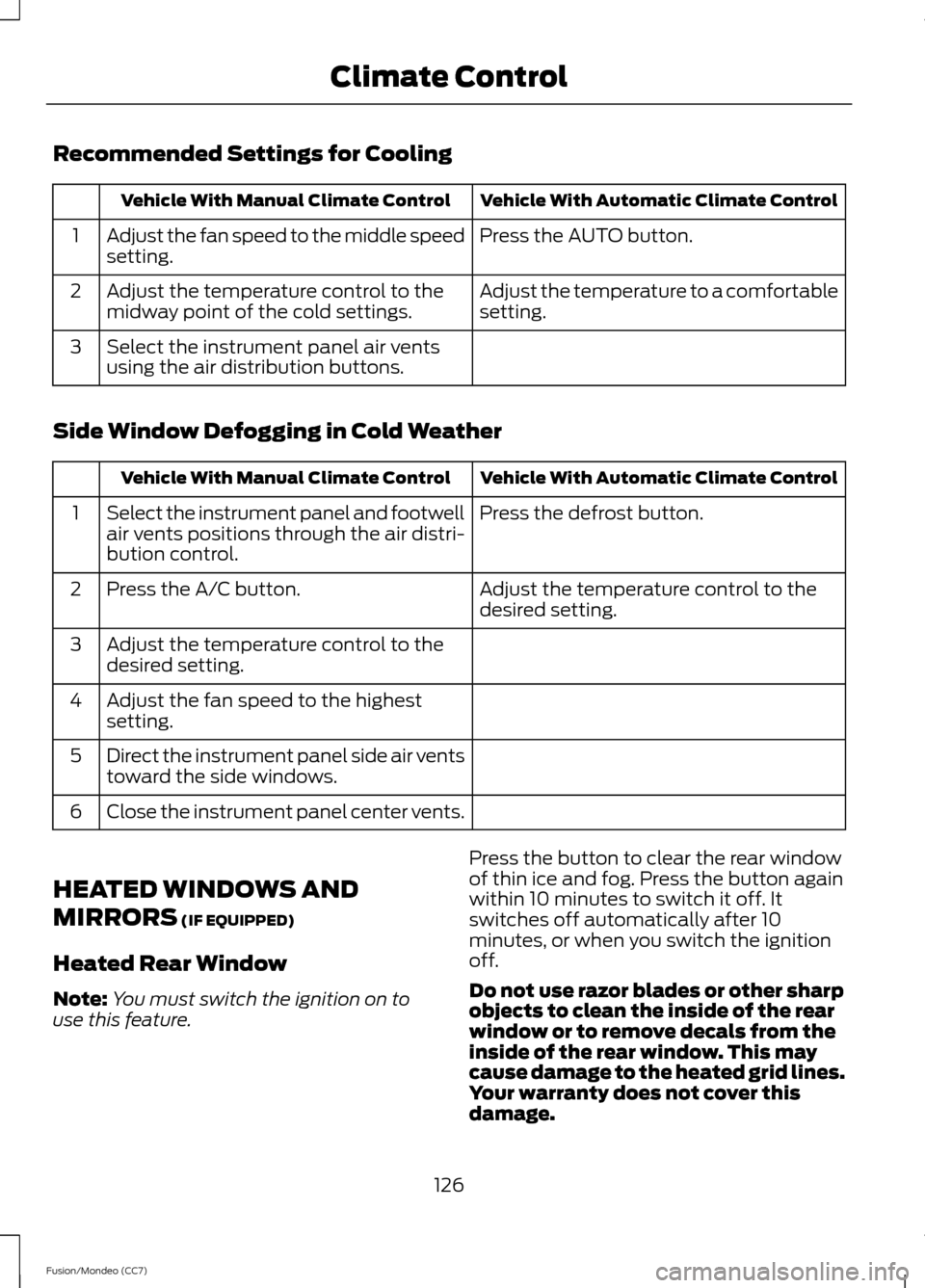 FORD FUSION (AMERICAS) 2013 2.G Owners Manual Recommended Settings for Cooling
Vehicle With Automatic Climate Control
Vehicle With Manual Climate Control
Press the AUTO button.
Adjust the fan speed to the middle speed
setting.
1
Adjust the temper