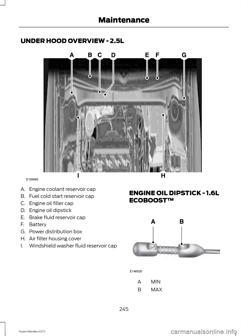 FORD FUSION (AMERICAS) 2013 2.G Owners Manual UNDER HOOD OVERVIEW - 2.5L
A. Engine coolant reservoir cap
B. Fuel cold start reservoir cap
C. Engine oil filler cap
D. Engine oil dipstick
E. Brake fluid reservoir cap
F. Battery
G. Power distributio FORD FUSION (AMERICAS) 2013 2.G Owners Manual UNDER HOOD OVERVIEW - 2.5L
A. Engine coolant reservoir cap
B. Fuel cold start reservoir cap
C. Engine oil filler cap
D. Engine oil dipstick
E. Brake fluid reservoir cap
F. Battery
G. Power distributio