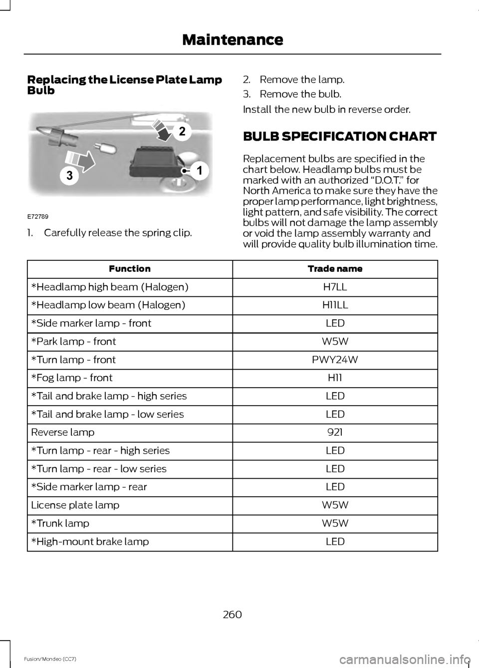 FORD FUSION (AMERICAS) 2013 2.G Owners Manual Replacing the License Plate Lamp
Bulb
1. Carefully release the spring clip.
2. Remove the lamp.
3. Remove the bulb.
Install the new bulb in reverse order.
BULB SPECIFICATION CHART
Replacement bulbs ar FORD FUSION (AMERICAS) 2013 2.G Owners Manual Replacing the License Plate Lamp
Bulb
1. Carefully release the spring clip.
2. Remove the lamp.
3. Remove the bulb.
Install the new bulb in reverse order.
BULB SPECIFICATION CHART
Replacement bulbs ar