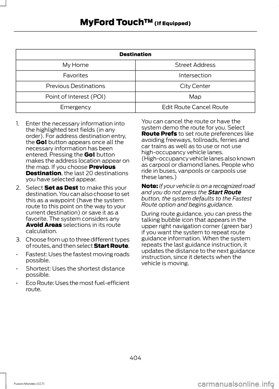FORD FUSION (AMERICAS) 2013 2.G Owners Manual Destination
Street Address
My Home
Intersection
Favorites
City Center
Previous Destinations
Map
Point of Interest (POI)
Edit Route Cancel Route
Emergency
1. Enter the necessary information into the hi