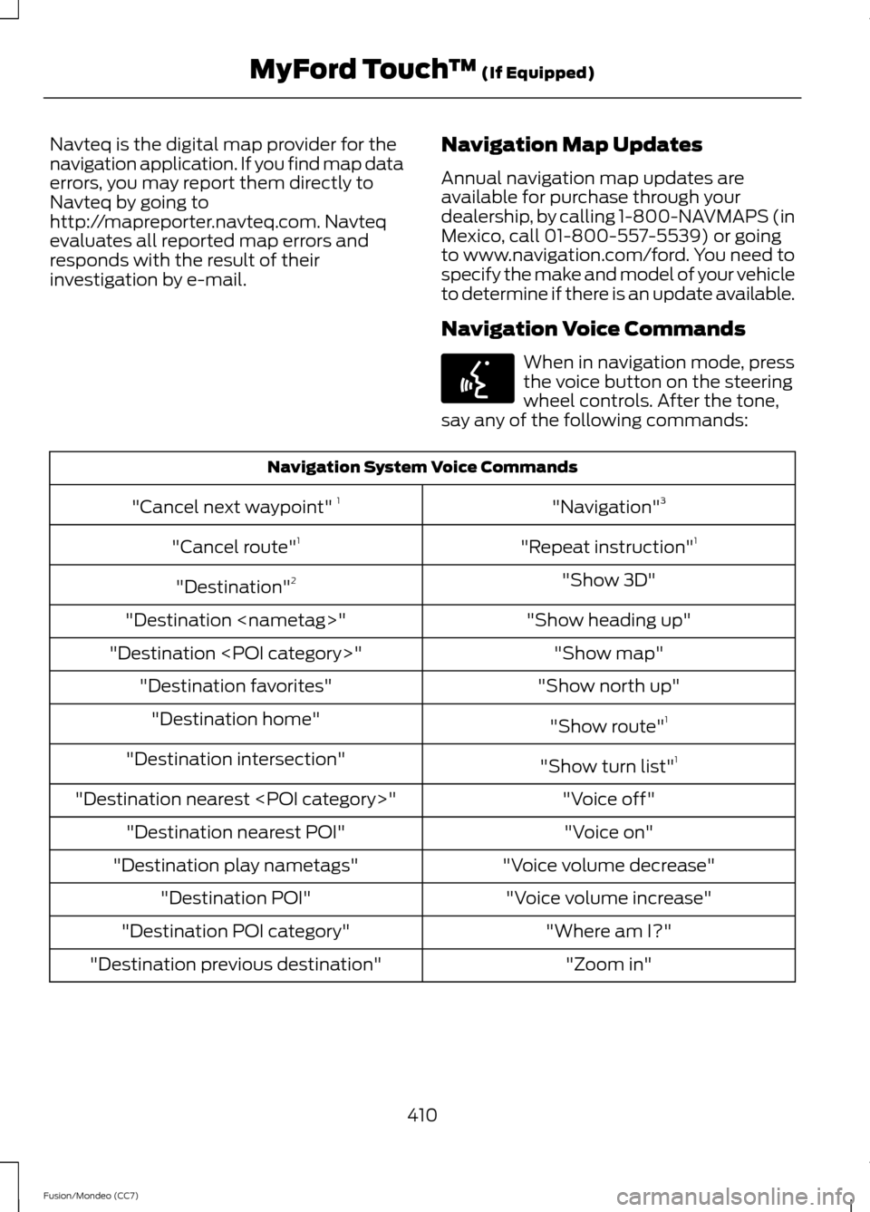 FORD FUSION (AMERICAS) 2013 2.G Owners Manual Navteq is the digital map provider for the
navigation application. If you find map data
errors, you may report them directly to
Navteq by going to
http://mapreporter.navteq.com. Navteq
evaluates all r FORD FUSION (AMERICAS) 2013 2.G Owners Manual Navteq is the digital map provider for the
navigation application. If you find map data
errors, you may report them directly to
Navteq by going to
http://mapreporter.navteq.com. Navteq
evaluates all r