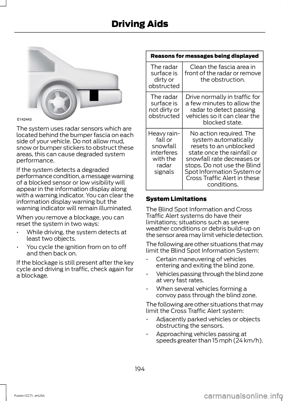 FORD FUSION (AMERICAS) 2014 2.G Owners Manual The system uses radar sensors which arelocated behind the bumper fascia on eachside of your vehicle. Do not allow mud,snow or bumper stickers to obstruct theseareas, this can cause degraded systemperf FORD FUSION (AMERICAS) 2014 2.G Owners Manual The system uses radar sensors which arelocated behind the bumper fascia on eachside of your vehicle. Do not allow mud,snow or bumper stickers to obstruct theseareas, this can cause degraded systemperf