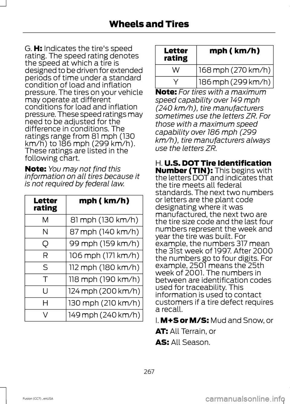FORD FUSION (AMERICAS) 2014 2.G Owners Manual G.H: Indicates the tires speedrating. The speed rating denotesthe speed at which a tire isdesigned to be driven for extendedperiods of time under a standardcondition of load and inflationpressure. Th