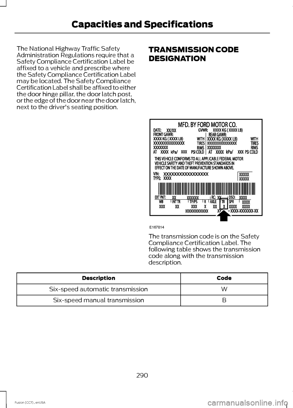 FORD FUSION (AMERICAS) 2014 2.G Owners Manual The National Highway Traffic SafetyAdministration Regulations require that aSafety Compliance Certification Label beaffixed to a vehicle and prescribe wherethe Safety Compliance Certification Labelmay