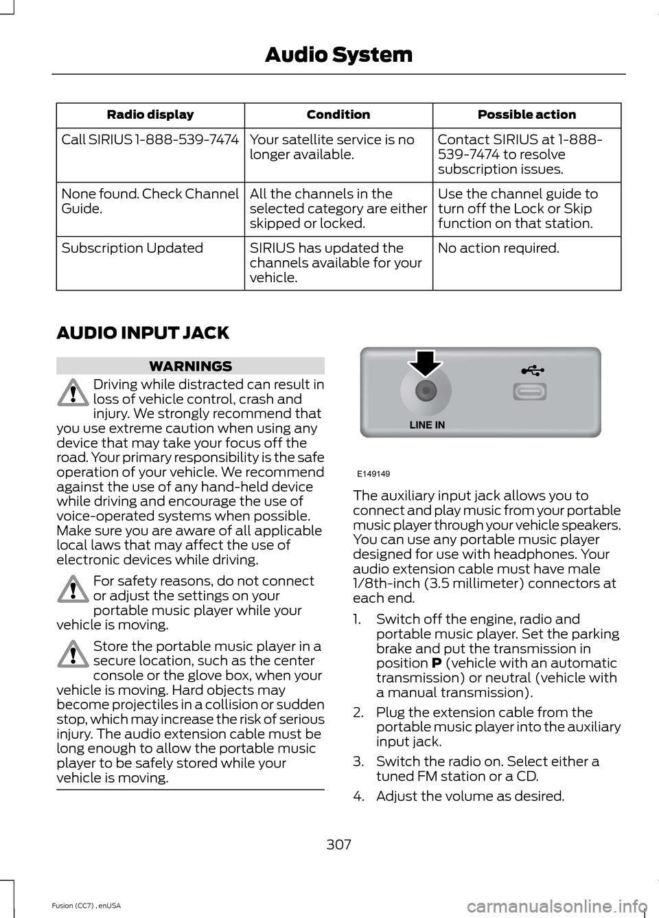 FORD FUSION (AMERICAS) 2014 2.G Repair Manual Possible actionConditionRadio display
Contact SIRIUS at 1-888-539-7474 to resolvesubscription issues.
Your satellite service is nolonger available.Call SIRIUS 1-888-539-7474
Use the channel guide totu FORD FUSION (AMERICAS) 2014 2.G Repair Manual Possible actionConditionRadio display
Contact SIRIUS at 1-888-539-7474 to resolvesubscription issues.
Your satellite service is nolonger available.Call SIRIUS 1-888-539-7474
Use the channel guide totu