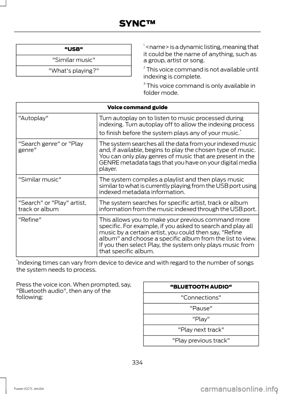 FORD FUSION (AMERICAS) 2014 2.G Owners Manual "USB"
"Similar music"
"Whats playing?"
1 <name> is a dynamic listing, meaning thatit could be the name of anything, such asa group, artist or song.2 This voice command is not available untilindexing FORD FUSION (AMERICAS) 2014 2.G Owners Manual "USB"
"Similar music"
"Whats playing?"
1 <name> is a dynamic listing, meaning thatit could be the name of anything, such asa group, artist or song.2 This voice command is not available untilindexing