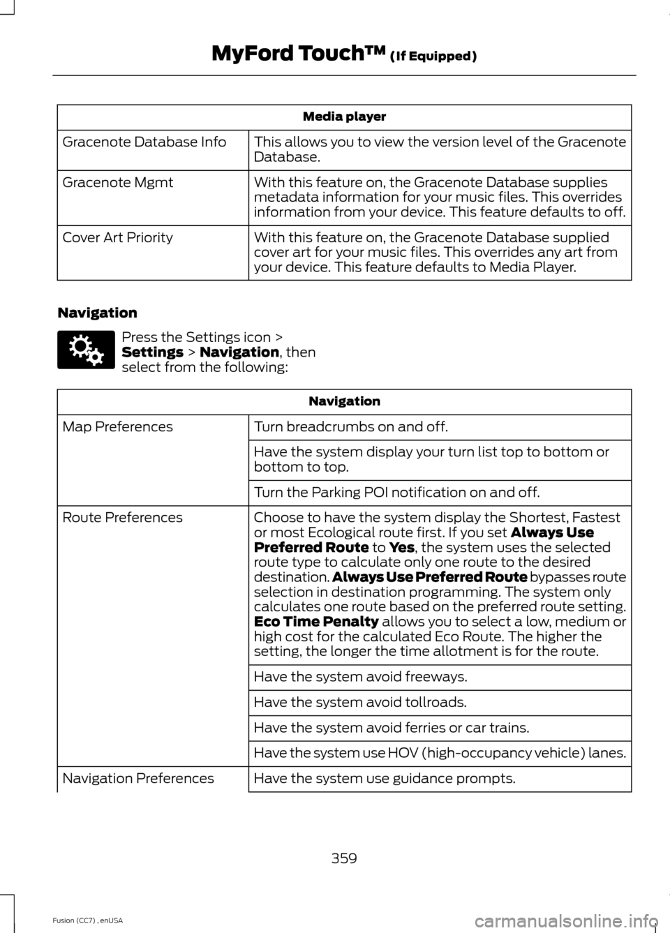 FORD FUSION (AMERICAS) 2014 2.G Owners Manual Media player
This allows you to view the version level of the GracenoteDatabase.Gracenote Database Info
With this feature on, the Gracenote Database suppliesmetadata information for your music files. 
