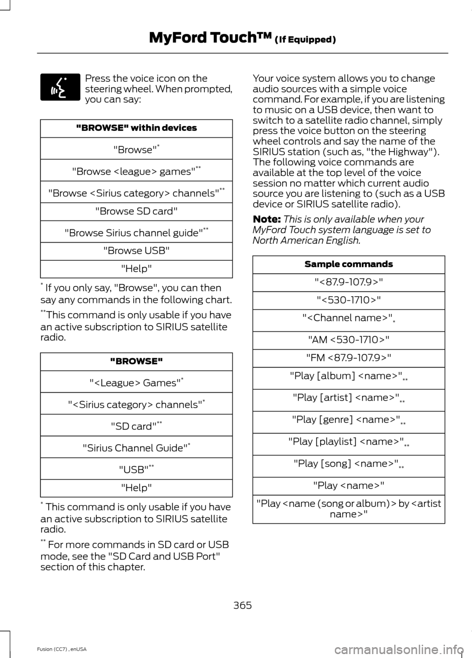 FORD FUSION (AMERICAS) 2014 2.G Owners Manual Press the voice icon on thesteering wheel. When prompted,you can say:
"BROWSE" within devices
"Browse"*
"Browse <league> games"**
"Browse <Sirius category> channels"**
"Browse SD card"
"Browse Sirius 