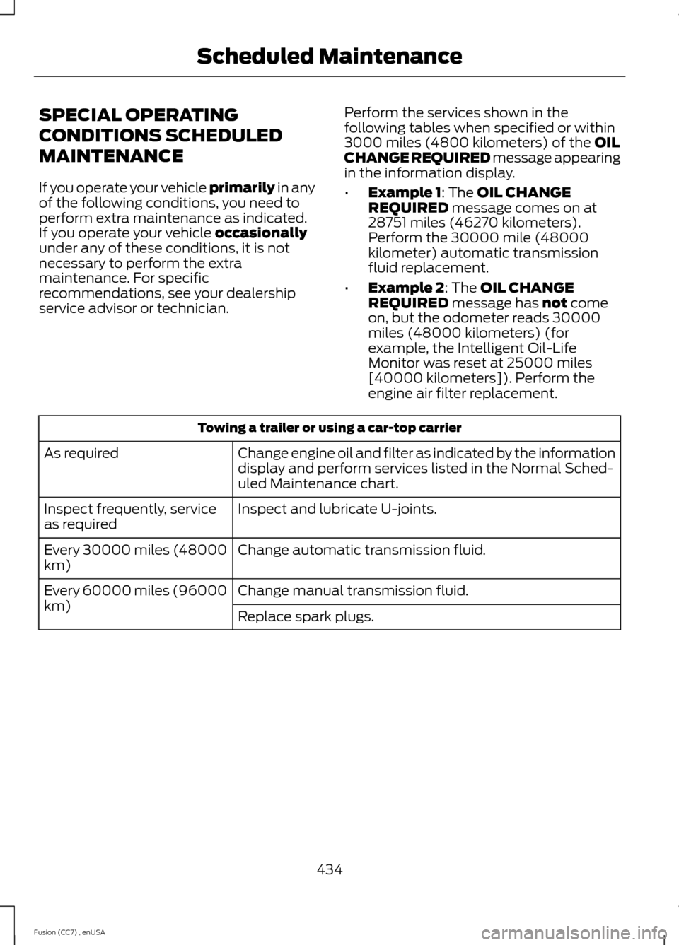 FORD FUSION (AMERICAS) 2014 2.G Owners Manual SPECIAL OPERATING
CONDITIONS SCHEDULED
MAINTENANCE
If you operate your vehicle primarily in anyof the following conditions, you need toperform extra maintenance as indicated.If you operate your vehicl