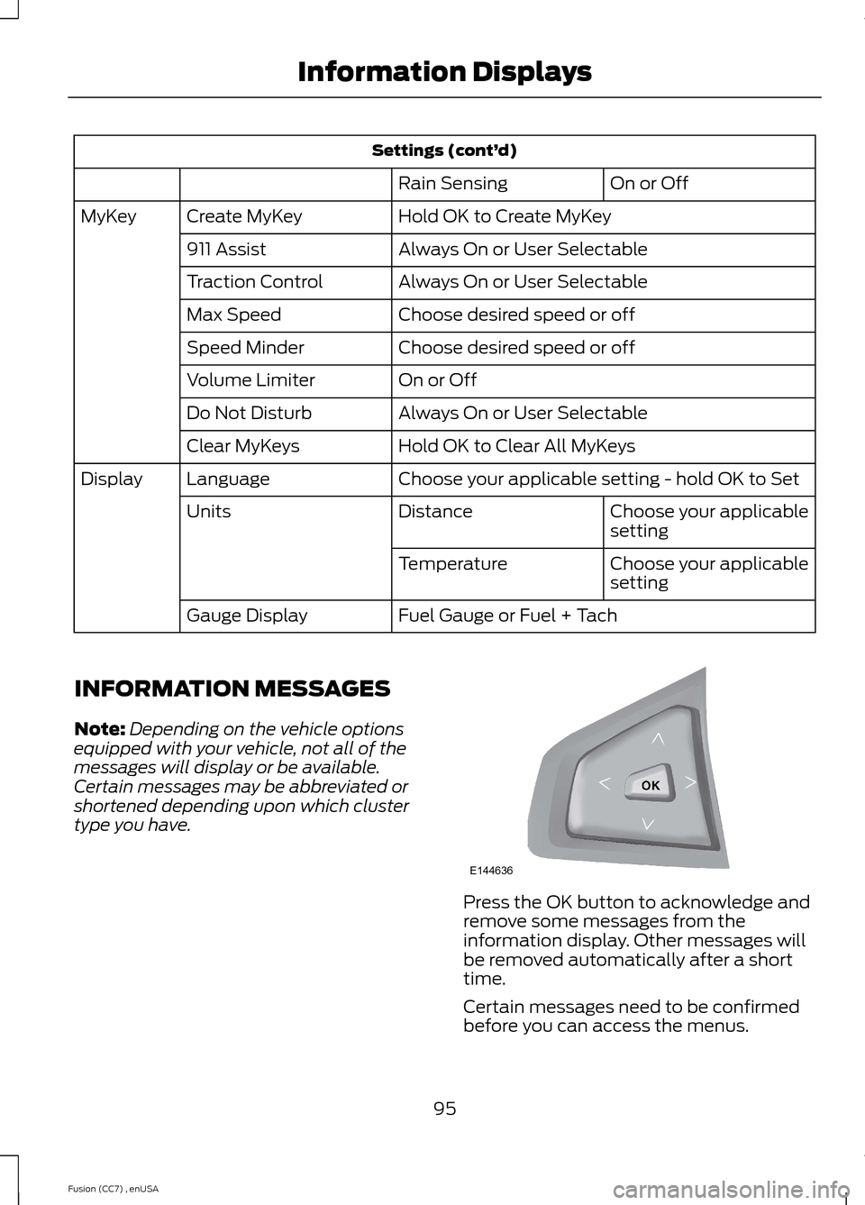 FORD FUSION (AMERICAS) 2014 2.G Owners Manual Settings (cont’d)
On or OffRain Sensing
Hold OK to Create MyKeyCreate MyKeyMyKey
Always On or User Selectable911 Assist
Always On or User SelectableTraction Control
Choose desired speed or offMax Sp FORD FUSION (AMERICAS) 2014 2.G Owners Manual Settings (cont’d)
On or OffRain Sensing
Hold OK to Create MyKeyCreate MyKeyMyKey
Always On or User Selectable911 Assist
Always On or User SelectableTraction Control
Choose desired speed or offMax Sp