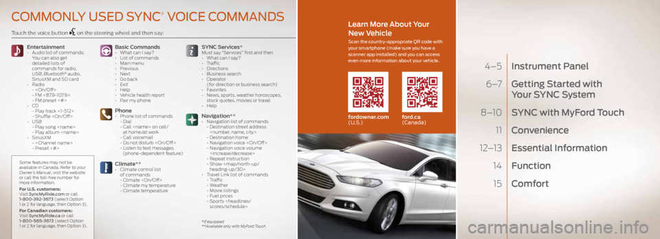 FORD FUSION (AMERICAS) 2014 2.G Quick Reference Guide  4–5 Instrument Panel
 6 –7     Getting Started with  
Your SYNC S ystem
 8–10  SYNC with MyFord Touch
 11  Convenience
 12–13  Essential Information
 14  Function
 15  Comfort
Touch the  voic
