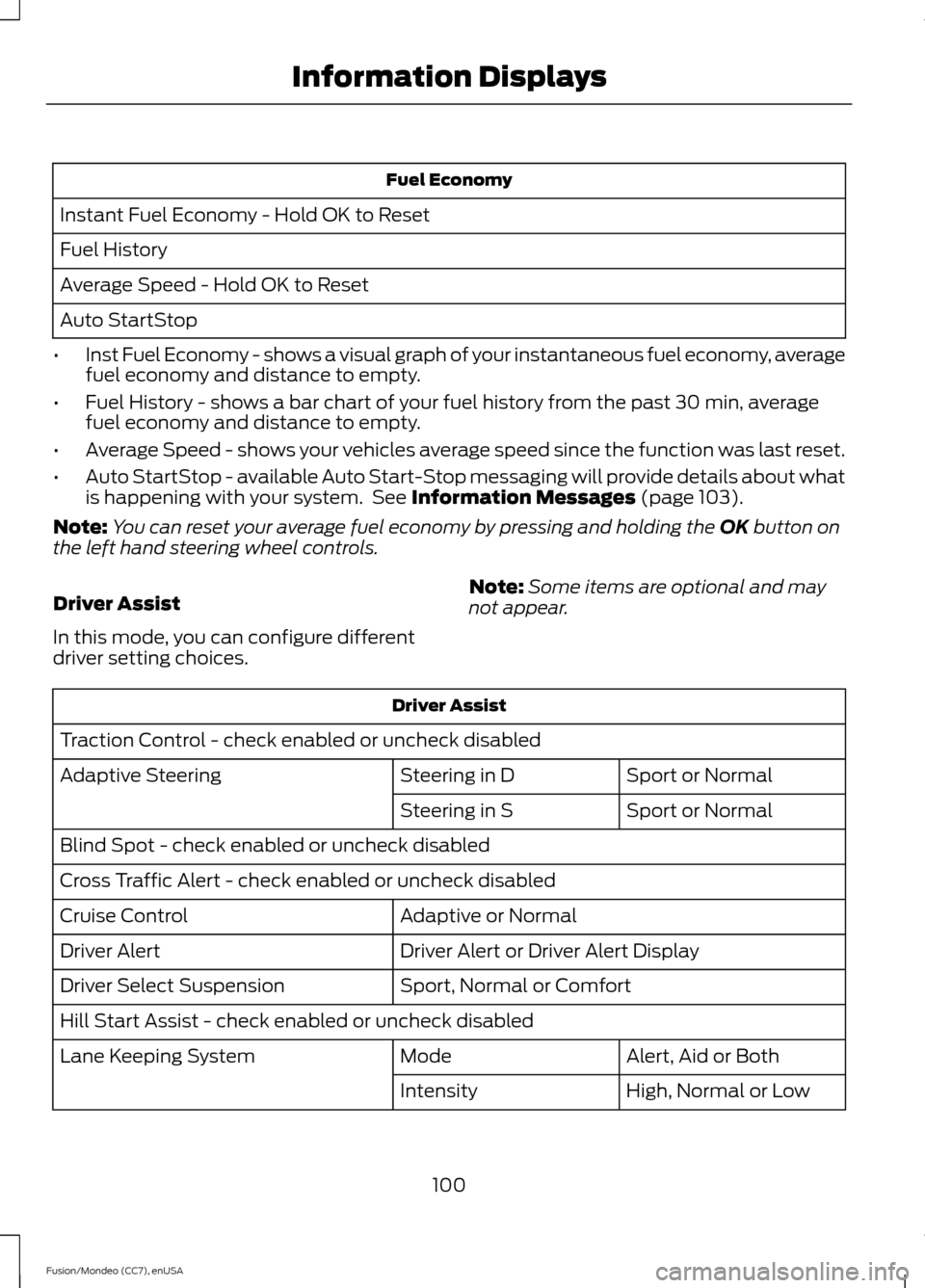 FORD FUSION (AMERICAS) 2015 2.G Owners Manual Fuel Economy
Instant Fuel Economy - Hold OK to Reset
Fuel History
Average Speed - Hold OK to Reset
Auto StartStop
• Inst Fuel Economy - shows a visual graph of your instantaneous fuel economy, avera