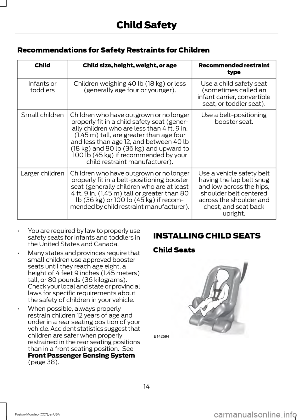 FORD FUSION (AMERICAS) 2015 2.G Owners Manual Recommendations for Safety Restraints for Children
Recommended restraint
type
Child size, height, weight, or age
Child
Use a child safety seat(sometimes called an
infant carrier, convertible seat, or 