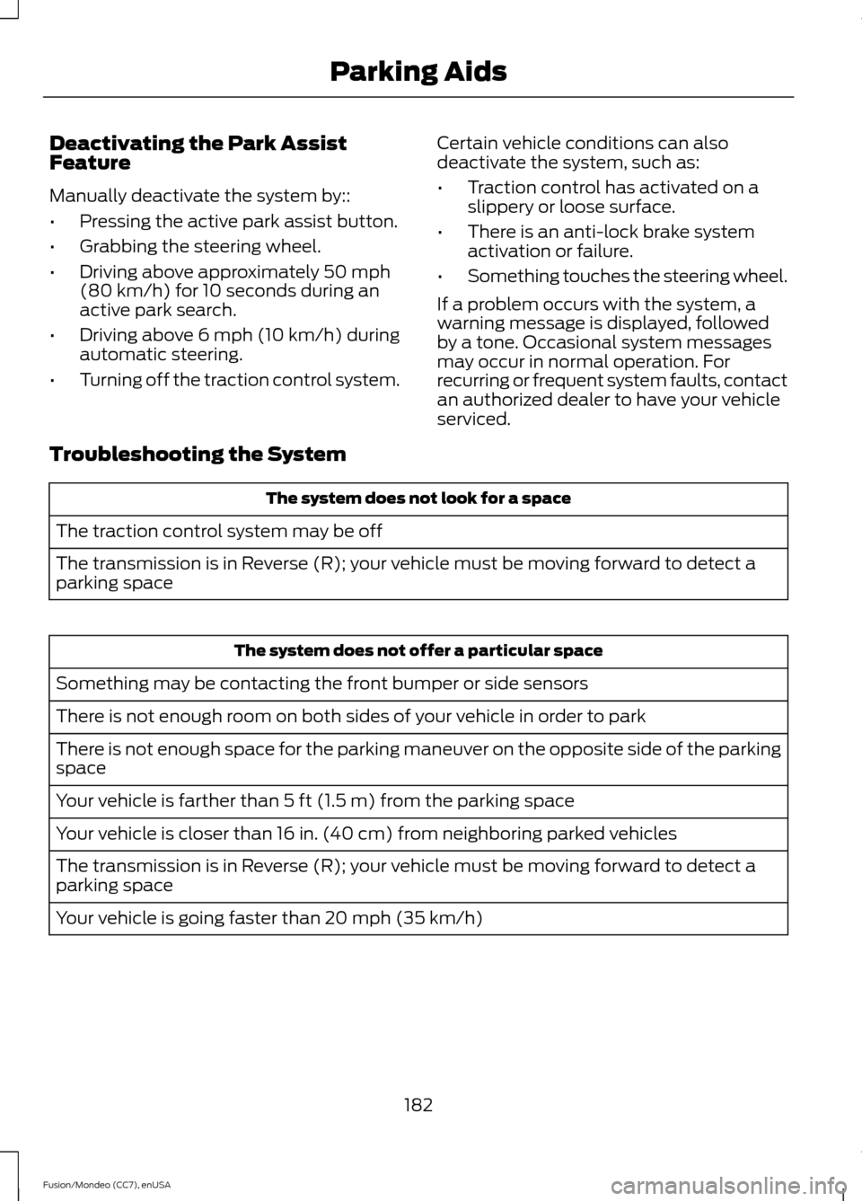 FORD FUSION (AMERICAS) 2015 2.G Owners Manual Deactivating the Park Assist
Feature
Manually deactivate the system by::
•
Pressing the active park assist button.
• Grabbing the steering wheel.
• Driving above approximately 50 mph
(80 km/h) f FORD FUSION (AMERICAS) 2015 2.G Owners Manual Deactivating the Park Assist
Feature
Manually deactivate the system by::
•
Pressing the active park assist button.
• Grabbing the steering wheel.
• Driving above approximately 50 mph
(80 km/h) f