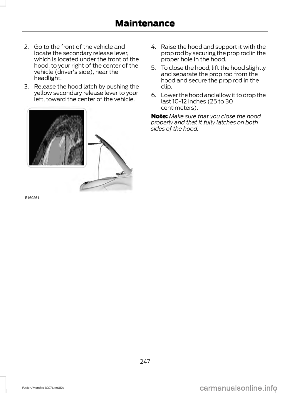 FORD FUSION (AMERICAS) 2015 2.G Owners Manual 2. Go to the front of the vehicle and
locate the secondary release lever,
which is located under the front of the
hood, to your right of the center of the
vehicle (drivers side), near the
headlight.
