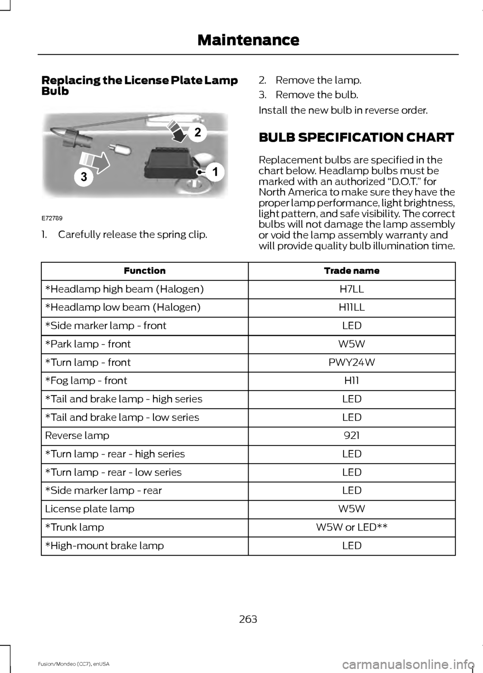 FORD FUSION (AMERICAS) 2015 2.G Owners Manual Replacing the License Plate Lamp
Bulb
1. Carefully release the spring clip.
2. Remove the lamp.
3. Remove the bulb.
Install the new bulb in reverse order.
BULB SPECIFICATION CHART
Replacement bulbs ar FORD FUSION (AMERICAS) 2015 2.G Owners Manual Replacing the License Plate Lamp
Bulb
1. Carefully release the spring clip.
2. Remove the lamp.
3. Remove the bulb.
Install the new bulb in reverse order.
BULB SPECIFICATION CHART
Replacement bulbs ar