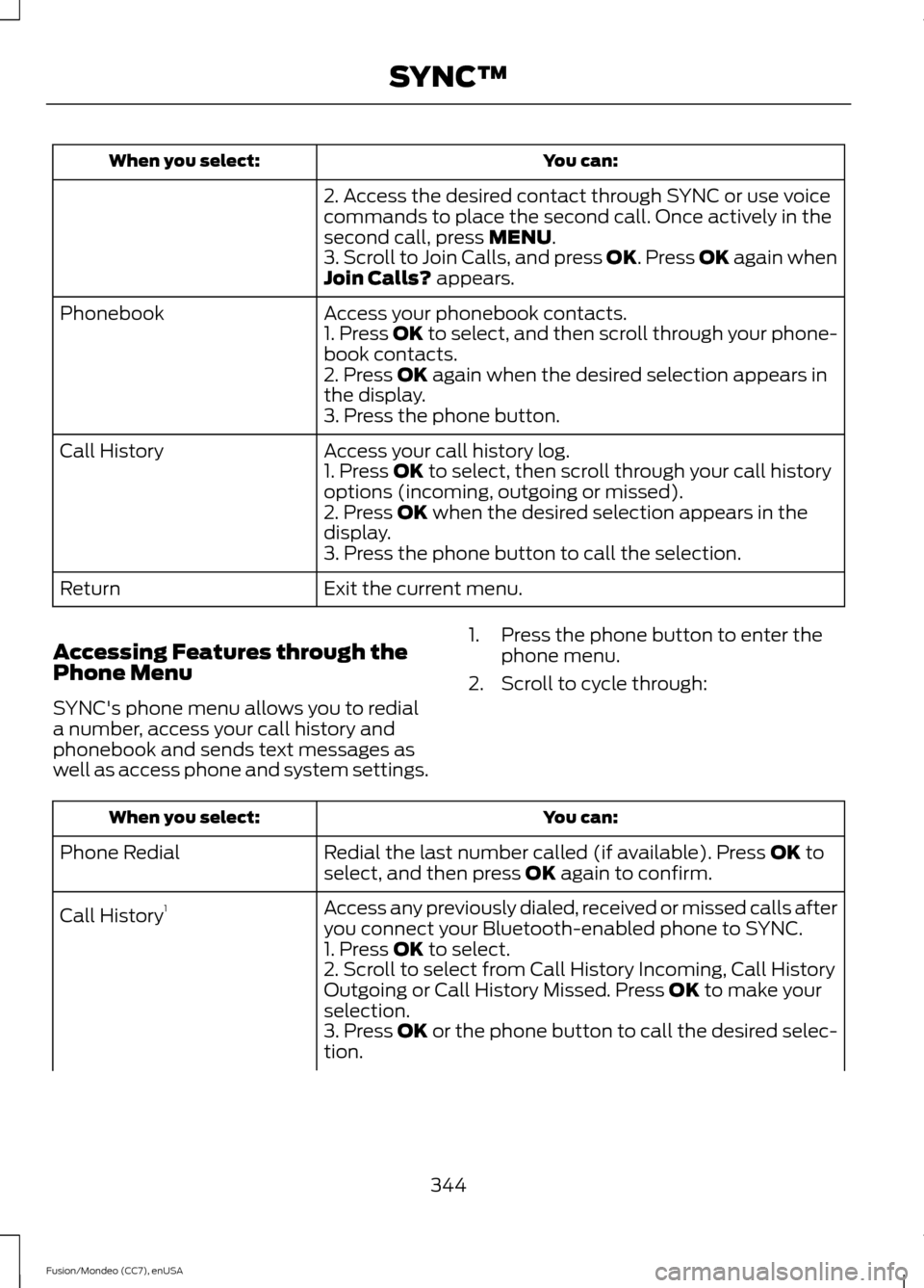 FORD FUSION (AMERICAS) 2015 2.G Owners Manual You can:
When you select:
2. Access the desired contact through SYNC or use voice
commands to place the second call. Once actively in the
second call, press MENU.
3. Scroll to Join Calls, and press OK FORD FUSION (AMERICAS) 2015 2.G Owners Manual You can:
When you select:
2. Access the desired contact through SYNC or use voice
commands to place the second call. Once actively in the
second call, press MENU.
3. Scroll to Join Calls, and press OK