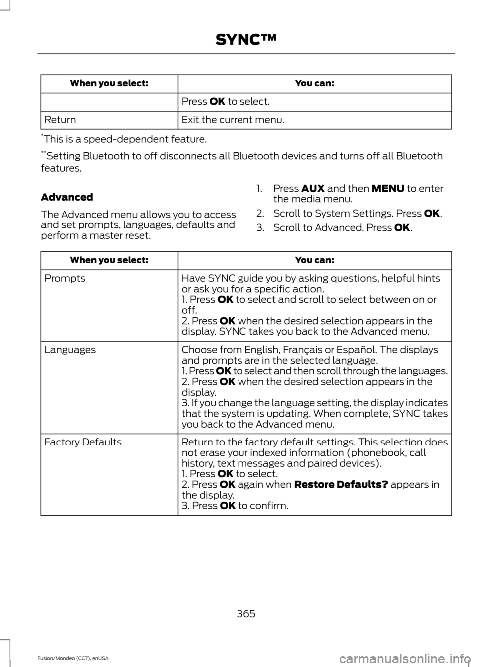 FORD FUSION (AMERICAS) 2015 2.G Owners Manual You can:
When you select:
Press OK to select.
Exit the current menu.
Return
* This is a speed-dependent feature.
** Setting Bluetooth to off disconnects all Bluetooth devices and turns off all Bluetoo