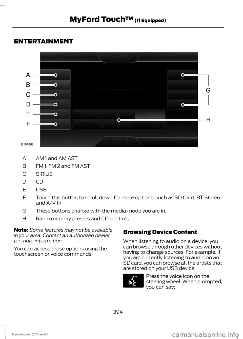 FORD FUSION (AMERICAS) 2015 2.G Owners Manual ENTERTAINMENT
AM 1 and AM AST
A
FM 1, FM 2 and FM AST
B
SIRIUS
C
CDD
USBE
Touch this button to scroll down for more options, such as SD Card, BT Stereo
and A/V In
F
These buttons change with the media