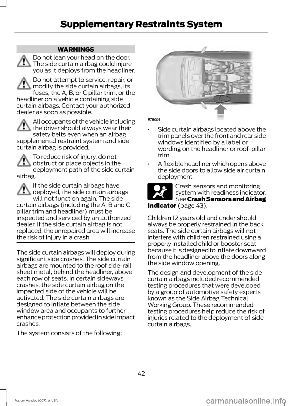 FORD FUSION (AMERICAS) 2015 2.G Owners Manual WARNINGS
Do not lean your head on the door.
The side curtain airbag could injure
you as it deploys from the headliner.
Do not attempt to service, repair, or
modify the side curtain airbags, its
fuses,