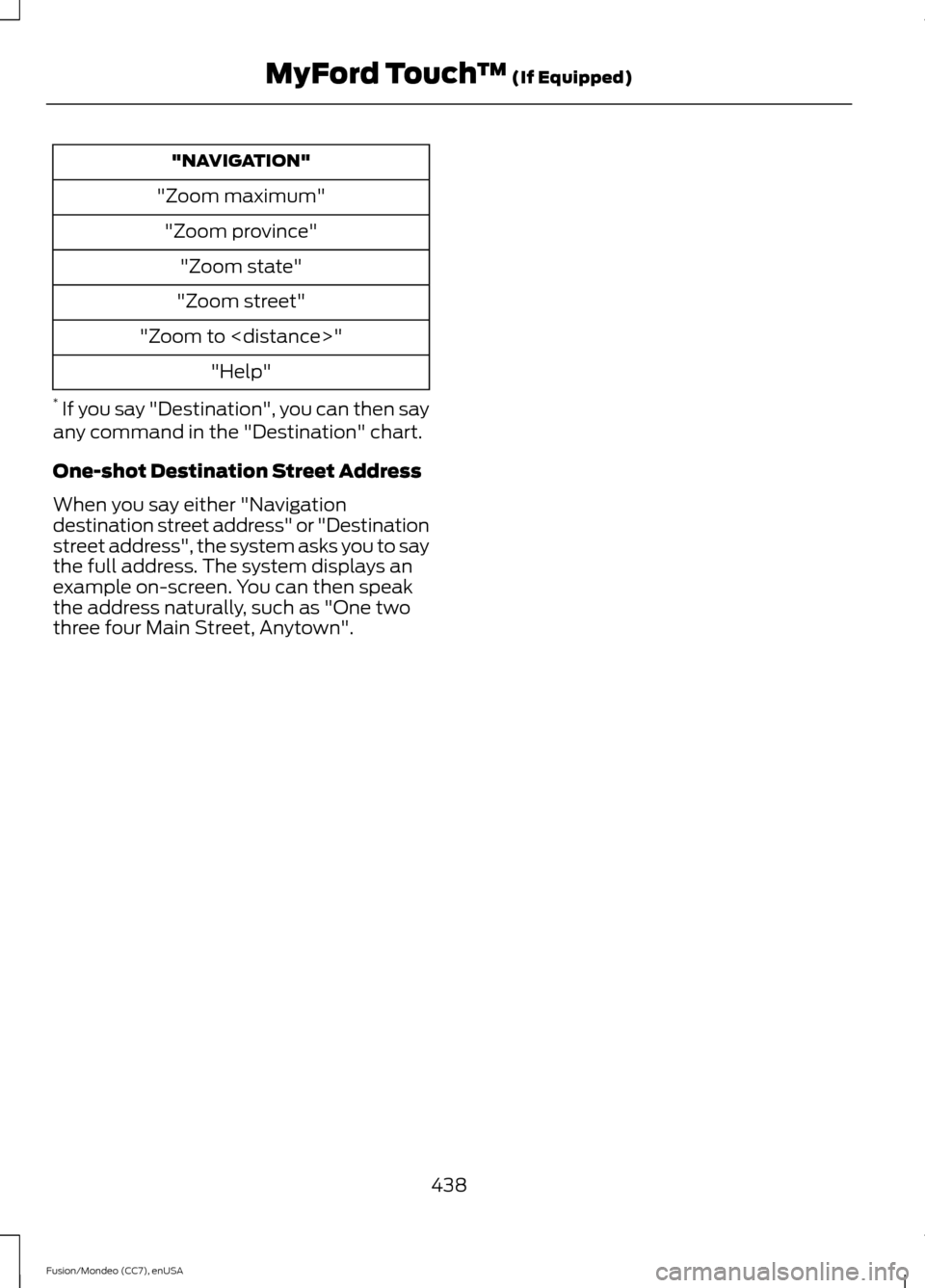 FORD FUSION (AMERICAS) 2015 2.G Owners Manual "NAVIGATION"
"Zoom maximum" "Zoom province" "Zoom state"
"Zoom street"
"Zoom to <distance>" "Help"
* If you say "Destination", you can then say
any command in the "Destination" chart.
One-shot Destin FORD FUSION (AMERICAS) 2015 2.G Owners Manual "NAVIGATION"
"Zoom maximum" "Zoom province" "Zoom state"
"Zoom street"
"Zoom to <distance>" "Help"
* If you say "Destination", you can then say
any command in the "Destination" chart.
One-shot Destin