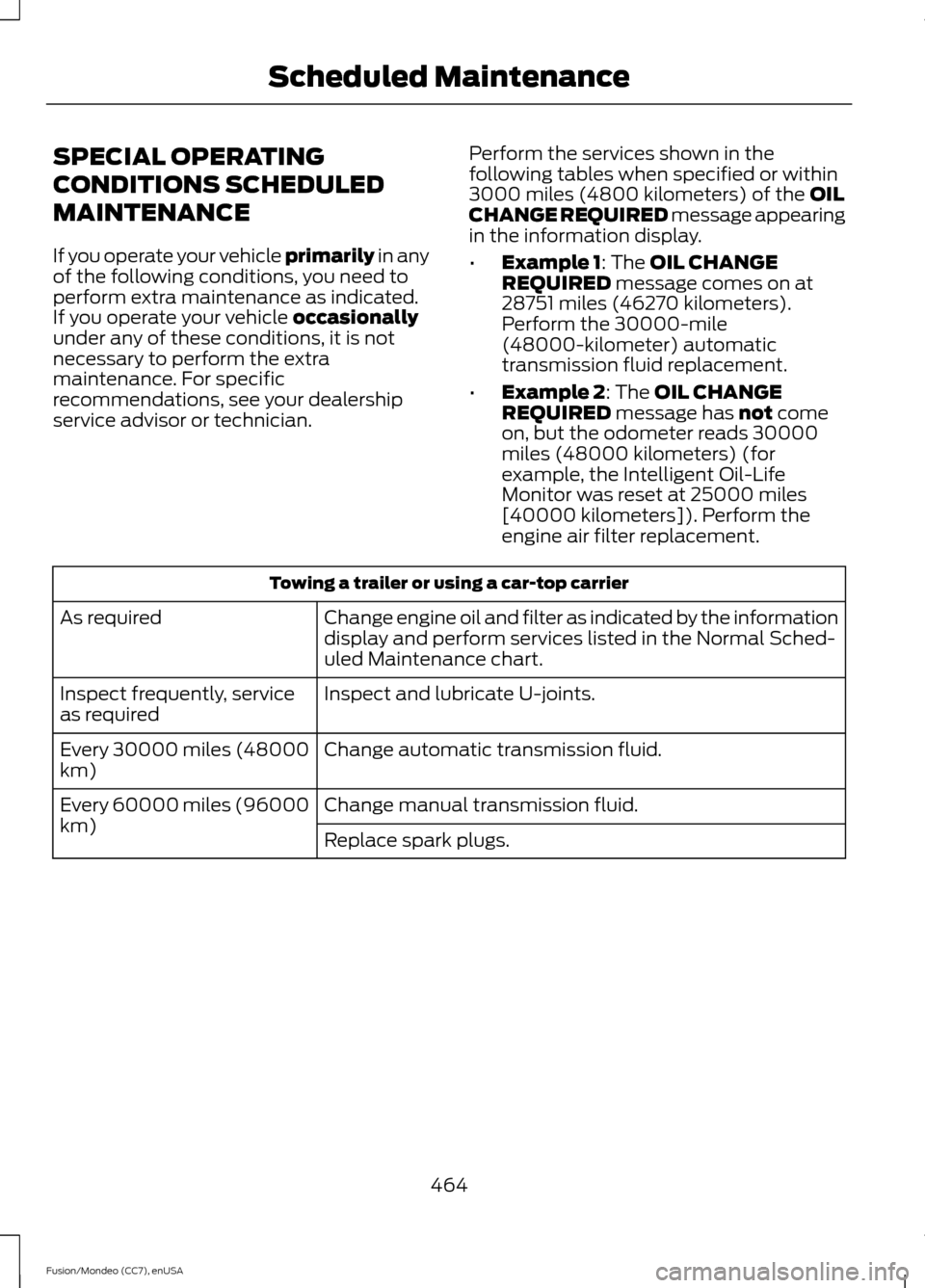 FORD FUSION (AMERICAS) 2015 2.G Owners Manual SPECIAL OPERATING
CONDITIONS SCHEDULED
MAINTENANCE
If you operate your vehicle primarily in any
of the following conditions, you need to
perform extra maintenance as indicated.
If you operate your veh