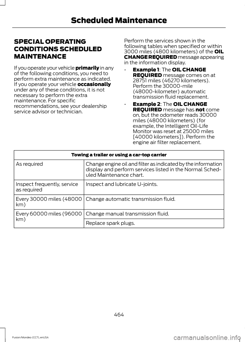 FORD FUSION (AMERICAS) 2015 2.G Owners Manual SPECIAL OPERATING
CONDITIONS SCHEDULED
MAINTENANCE
If you operate your vehicle primarily in any
of the following conditions, you need to
perform extra maintenance as indicated.
If you operate your veh FORD FUSION (AMERICAS) 2015 2.G Owners Manual SPECIAL OPERATING
CONDITIONS SCHEDULED
MAINTENANCE
If you operate your vehicle primarily in any
of the following conditions, you need to
perform extra maintenance as indicated.
If you operate your veh