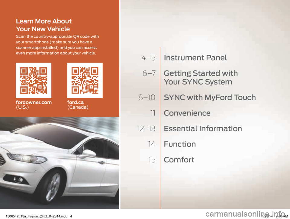FORD FUSION (AMERICAS) 2015 2.G Quick Reference Guide  4–5 Instrument Panel
 6 –7   Getting Started with  
Your SYNC S ystem
 8–10  SYNC with MyFord Touch
 11  Convenience
 12–13  Essential Information
 14  Function
 15  Comfort
fordowner.com 
(U