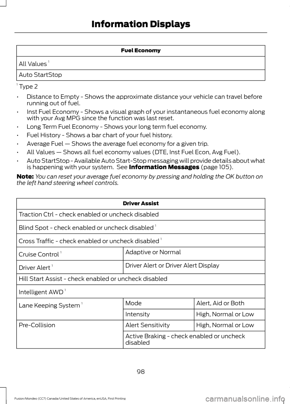 FORD FUSION (AMERICAS) 2016 2.G Owners Manual Fuel Economy
All Values 1
Auto StartStop
1 Type 2
• Distance to Empty - Shows the approximate distance your vehicle can travel before
running out of fuel.
• Inst Fuel Economy - Shows a visual gr FORD FUSION (AMERICAS) 2016 2.G Owners Manual Fuel Economy
All Values 1
Auto StartStop
1 Type 2
• Distance to Empty - Shows the approximate distance your vehicle can travel before
running out of fuel.
• Inst Fuel Economy - Shows a visual gr