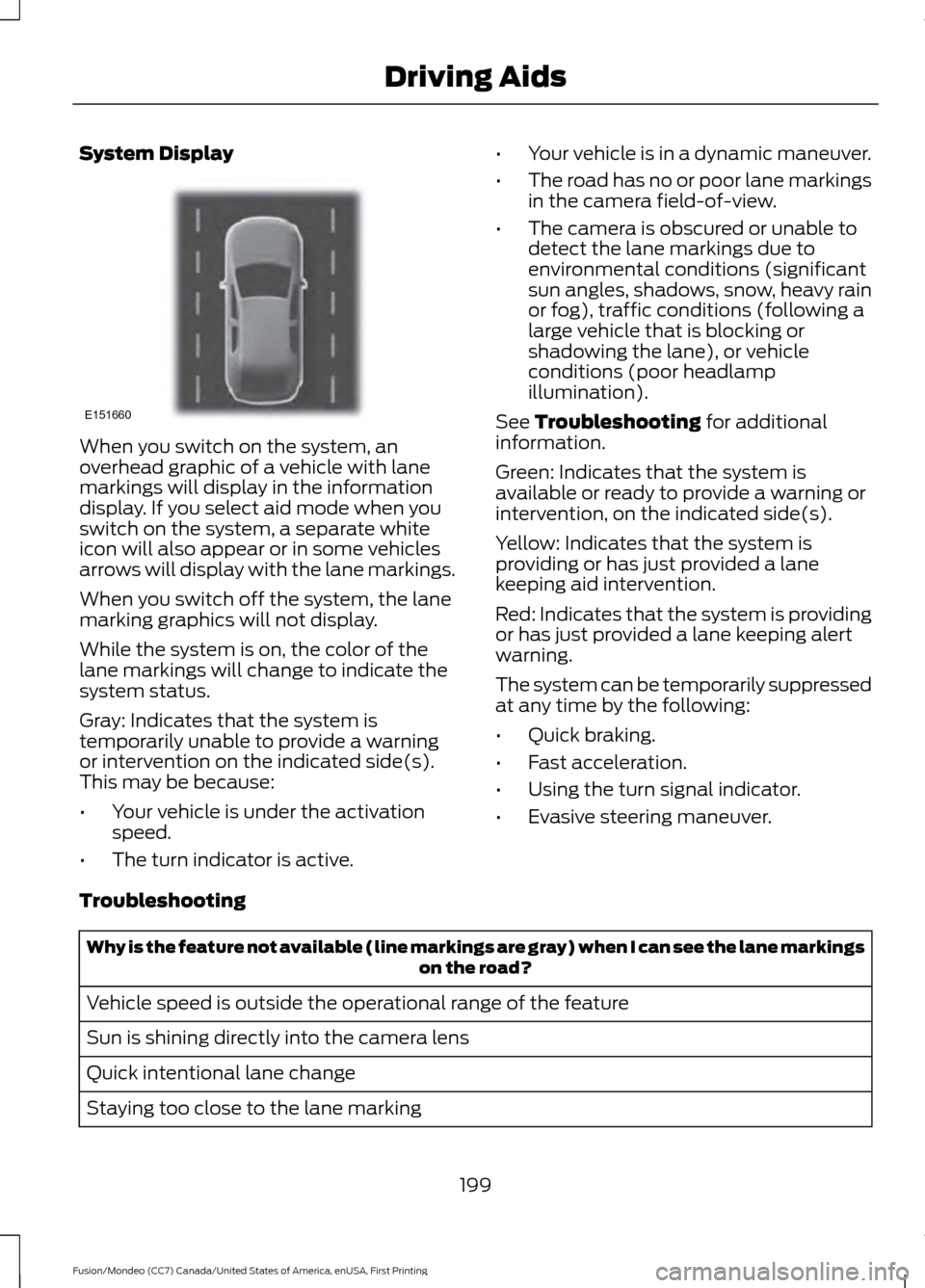 FORD FUSION (AMERICAS) 2016 2.G Owners Manual System Display
When you switch on the system, an
overhead graphic of a vehicle with lane
markings will display in the information
display. If you select aid mode when you
switch on the system, a separ