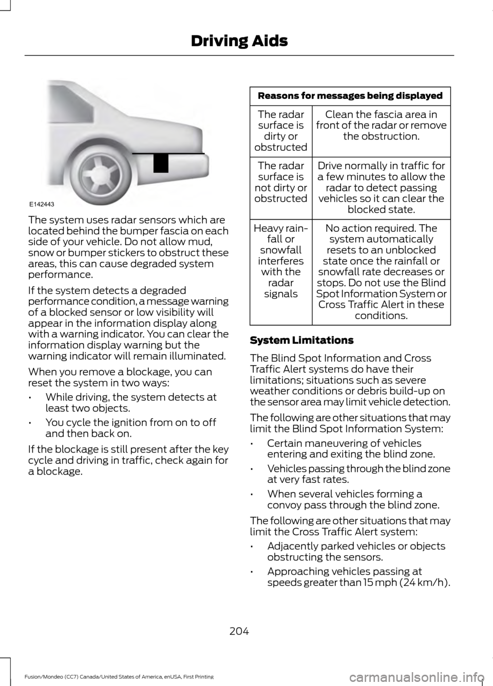 FORD FUSION (AMERICAS) 2016 2.G Owners Manual The system uses radar sensors which are
located behind the bumper fascia on each
side of your vehicle. Do not allow mud,
snow or bumper stickers to obstruct these
areas, this can cause degraded system