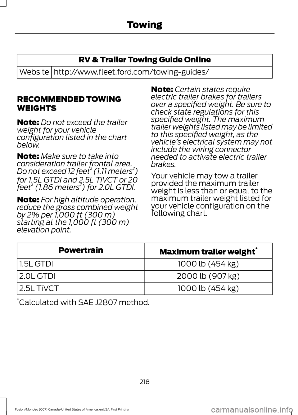 FORD FUSION (AMERICAS) 2016 2.G Owners Manual RV & Trailer Towing Guide Online
http://www.fleet.ford.com/towing-guides/
Website
RECOMMENDED TOWING
WEIGHTS
Note: Do not exceed the trailer
weight for your vehicle
configuration listed in the chart
b
