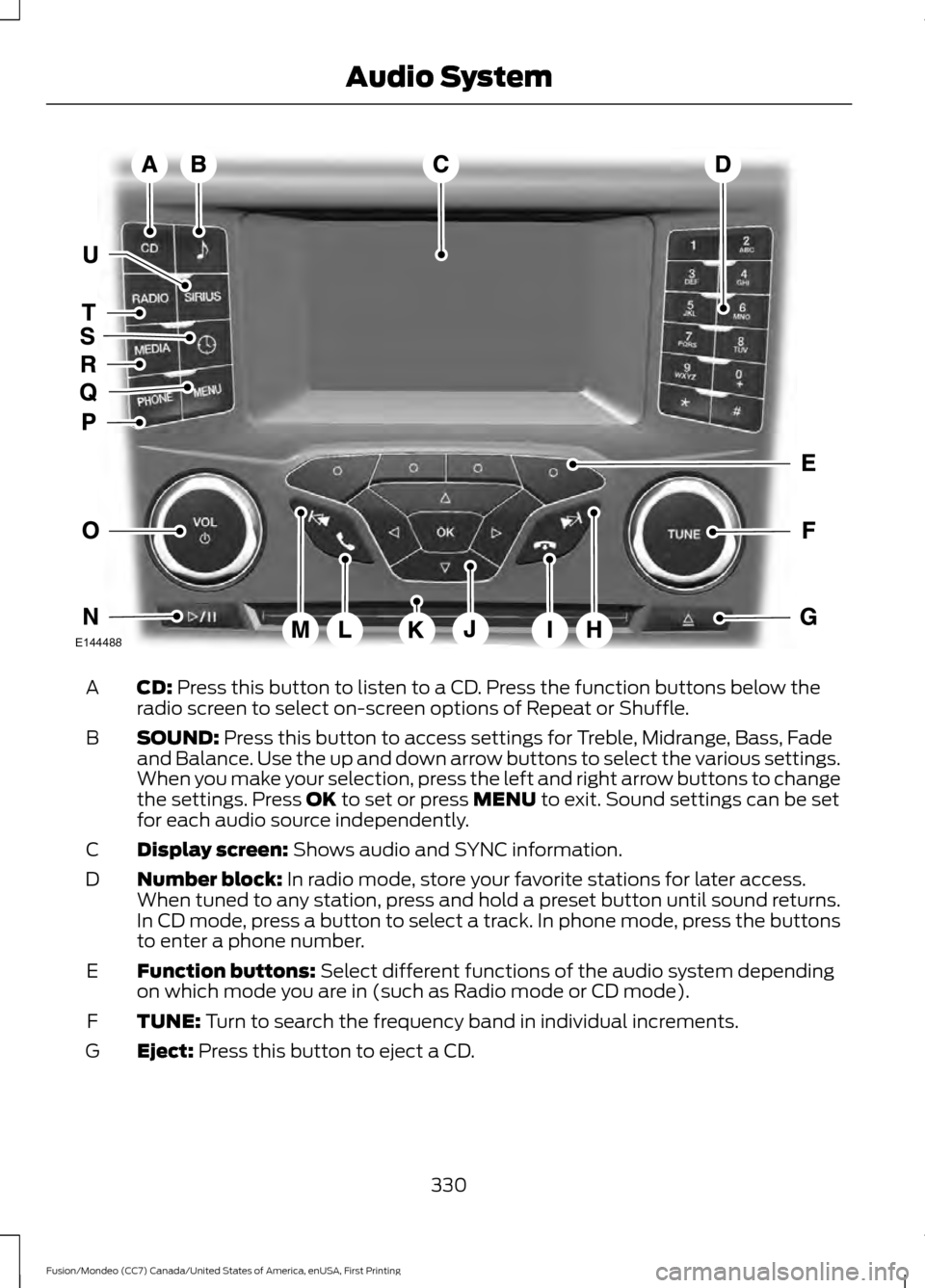 FORD FUSION (AMERICAS) 2016 2.G Owners Manual CD: Press this button to listen to a CD. Press the function buttons below the
radio screen to select on-screen options of Repeat or Shuffle.
A
SOUND:
 Press this button to access settings for Treble, 