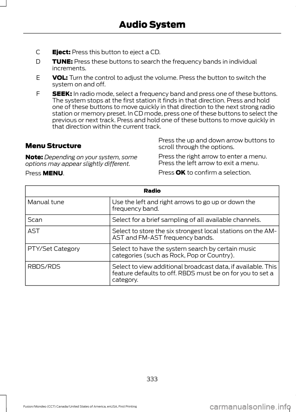 FORD FUSION (AMERICAS) 2016 2.G Owners Manual Eject: Press this button to eject a CD.
C
TUNE:
 Press these buttons to search the frequency bands in individual
increments.
D
VOL:
 Turn the control to adjust the volume. Press the button to switch t