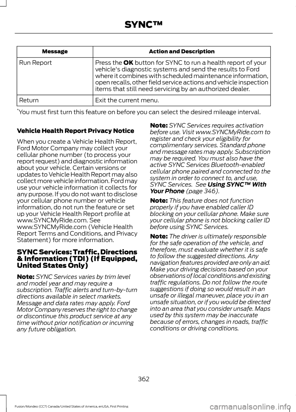 FORD FUSION (AMERICAS) 2016 2.G Owners Manual Action and Description
Message
Press the OK button for SYNC to run a health report of your
vehicles diagnostic systems and send the results to Ford
where it combines with scheduled maintenance inform