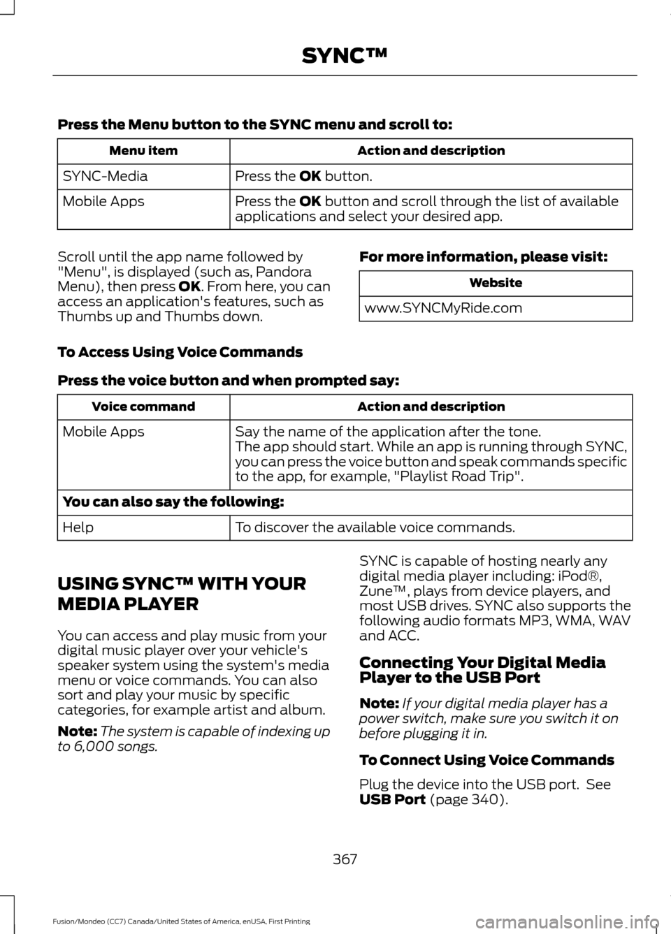 FORD FUSION (AMERICAS) 2016 2.G Owners Manual Press the Menu button to the SYNC menu and scroll to:
Action and description
Menu item
Press the OK button.
SYNC-Media
Press the 
OK button and scroll through the list of available
applications and se