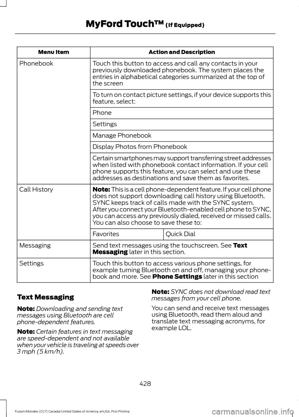 FORD FUSION (AMERICAS) 2016 2.G Owners Manual Action and Description
Menu Item
Touch this button to access and call any contacts in your
previously downloaded phonebook. The system places the
entries in alphabetical categories summarized at the t FORD FUSION (AMERICAS) 2016 2.G Owners Manual Action and Description
Menu Item
Touch this button to access and call any contacts in your
previously downloaded phonebook. The system places the
entries in alphabetical categories summarized at the t