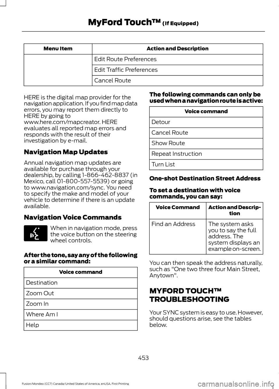 FORD FUSION (AMERICAS) 2016 2.G Owners Manual Action and Description
Menu Item
Edit Route Preferences
Edit Traffic Preferences
Cancel Route
HERE is the digital map provider for the
navigation application. If you find map data
errors, you may repo FORD FUSION (AMERICAS) 2016 2.G Owners Manual Action and Description
Menu Item
Edit Route Preferences
Edit Traffic Preferences
Cancel Route
HERE is the digital map provider for the
navigation application. If you find map data
errors, you may repo