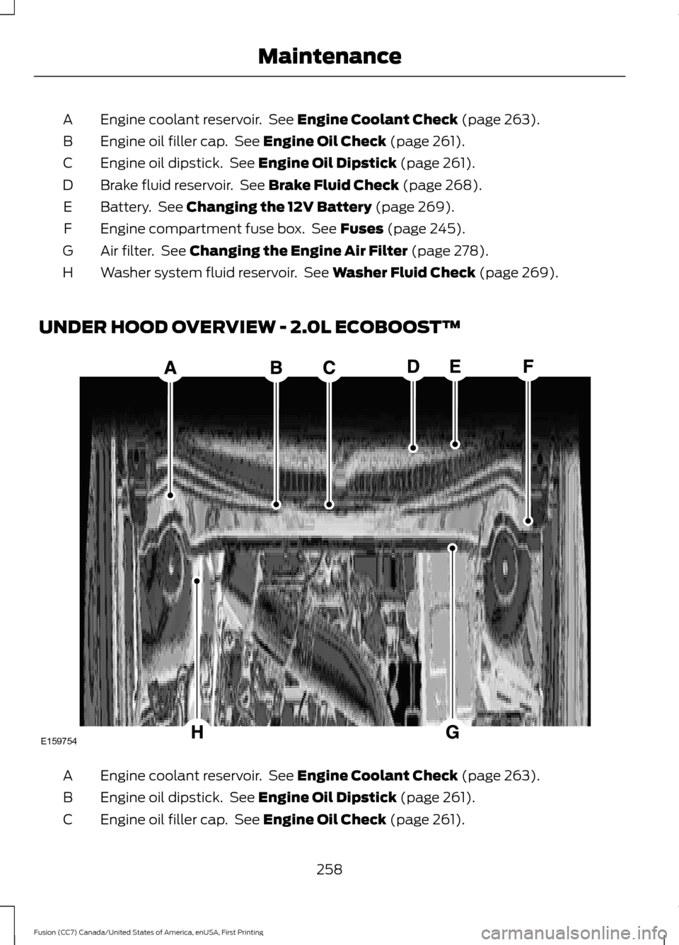 FORD FUSION (AMERICAS) 2017 2.G Owners Manual Engine coolant reservoir. See Engine Coolant Check (page 263).
A
Engine oil filler cap. See
Engine Oil Check (page 261).
B
Engine oil dipstick. See
Engine Oil Dipstick (page 261).
C
Brake fluid r FORD FUSION (AMERICAS) 2017 2.G Owners Manual Engine coolant reservoir. See Engine Coolant Check (page 263).
A
Engine oil filler cap. See
Engine Oil Check (page 261).
B
Engine oil dipstick. See
Engine Oil Dipstick (page 261).
C
Brake fluid r
