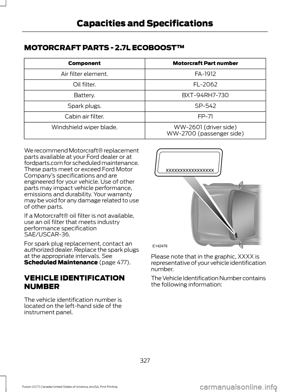 FORD FUSION (AMERICAS) 2017 2.G User Guide MOTORCRAFT PARTS - 2.7L ECOBOOST™
Motorcraft Part number
Component
FA-1912
Air filter element.
FL-2062
Oil filter.
BXT-94RH7-730
Battery.
SP-542
Spark plugs.
FP-71
Cabin air filter.
WW-2601 (driver 