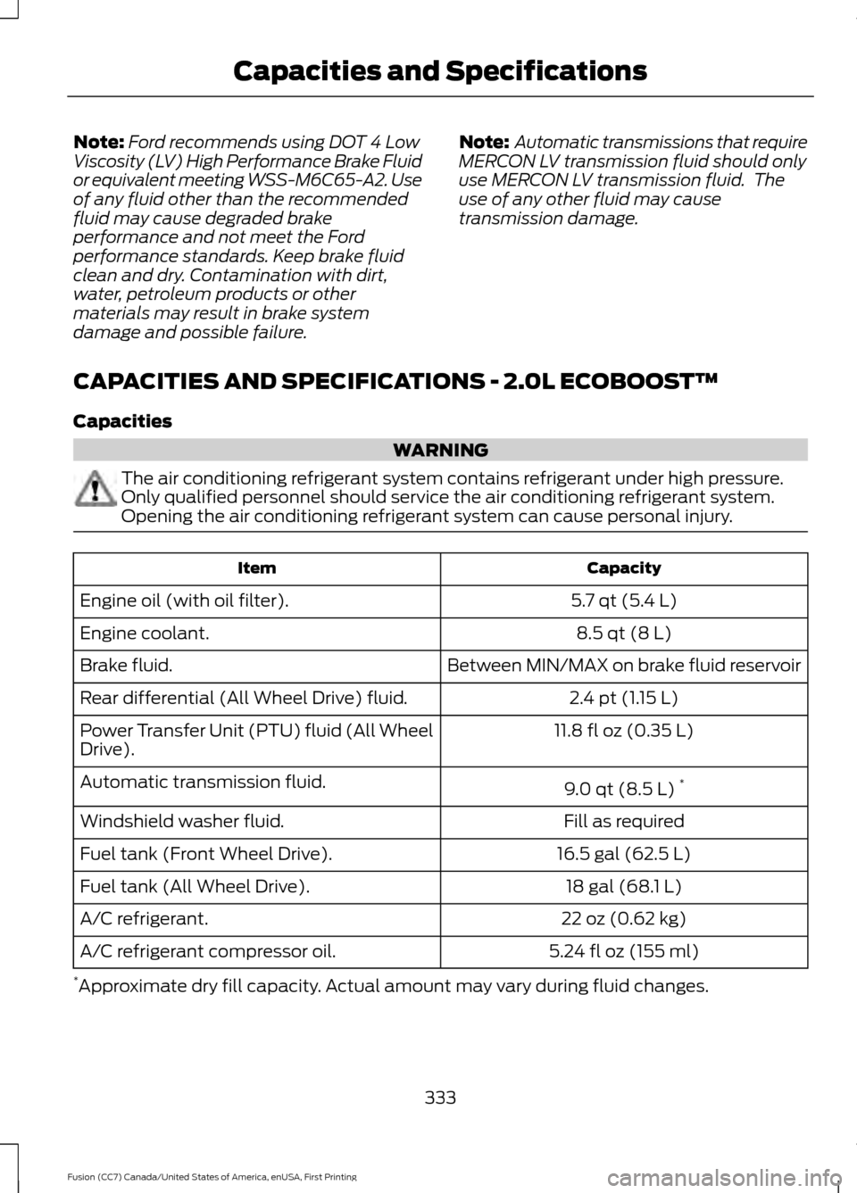 FORD FUSION (AMERICAS) 2017 2.G Owners Manual Note:
Ford recommends using DOT 4 Low
Viscosity (LV) High Performance Brake Fluid
or equivalent meeting WSS-M6C65-A2. Use
of any fluid other than the recommended
fluid may cause degraded brake
perform FORD FUSION (AMERICAS) 2017 2.G Owners Manual Note:
Ford recommends using DOT 4 Low
Viscosity (LV) High Performance Brake Fluid
or equivalent meeting WSS-M6C65-A2. Use
of any fluid other than the recommended
fluid may cause degraded brake
perform