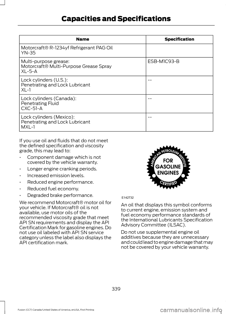 FORD FUSION (AMERICAS) 2017 2.G Owners Manual Specification
Name
Motorcraft® R-1234yf Refrigerant PAG Oil
YN-35 ESB-M1C93-B
Multi-purpose grease:
Motorcraft® Multi-Purpose Grease Spray
XL-5-A
--
Lock cylinders (U.S.):
Penetrating and Lock Lubri FORD FUSION (AMERICAS) 2017 2.G Owners Manual Specification
Name
Motorcraft® R-1234yf Refrigerant PAG Oil
YN-35 ESB-M1C93-B
Multi-purpose grease:
Motorcraft® Multi-Purpose Grease Spray
XL-5-A
--
Lock cylinders (U.S.):
Penetrating and Lock Lubri