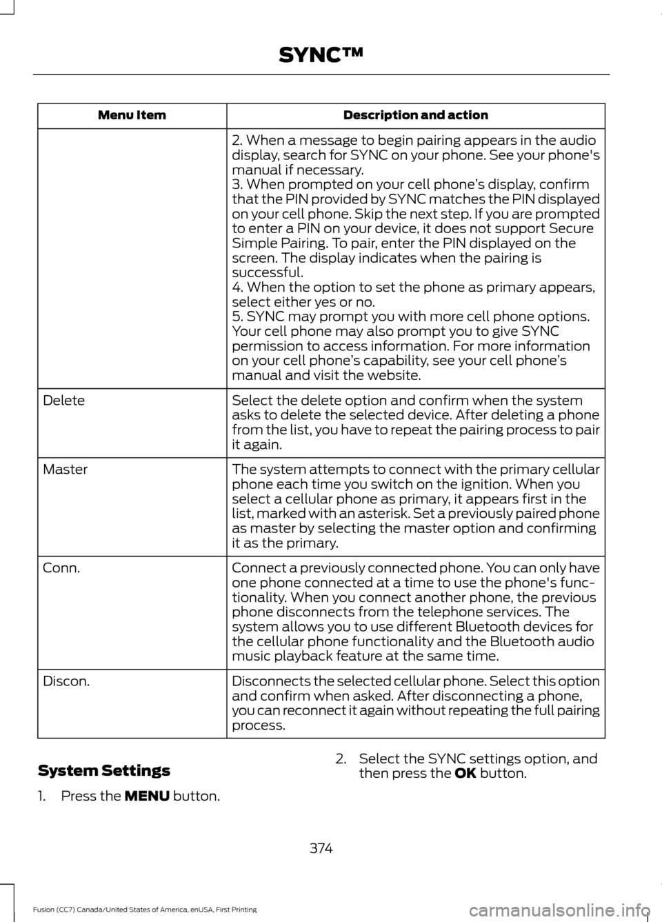 FORD FUSION (AMERICAS) 2017 2.G Owners Manual Description and action
Menu Item
2. When a message to begin pairing appears in the audio
display, search for SYNC on your phone. See your phones
manual if necessary.
3. When prompted on your cell pho FORD FUSION (AMERICAS) 2017 2.G Owners Manual Description and action
Menu Item
2. When a message to begin pairing appears in the audio
display, search for SYNC on your phone. See your phones
manual if necessary.
3. When prompted on your cell pho