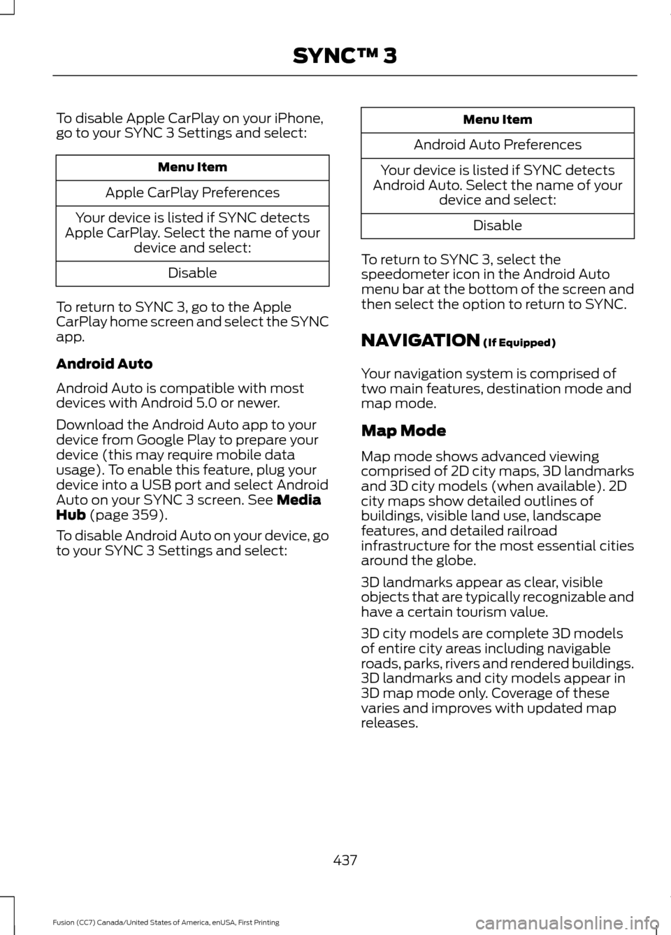 FORD FUSION (AMERICAS) 2017 2.G Owners Manual NAVIGATION (If Equipped)
Your navigation system is comprised of
two main features, destination mode and
map mode.
Map Mode
Map mode shows advanced viewing
comprised of 2D city maps, 3D landmarks
and 3 FORD FUSION (AMERICAS) 2017 2.G Owners Manual NAVIGATION (If Equipped)
Your navigation system is comprised of
two main features, destination mode and
map mode.
Map Mode
Map mode shows advanced viewing
comprised of 2D city maps, 3D landmarks
and 3