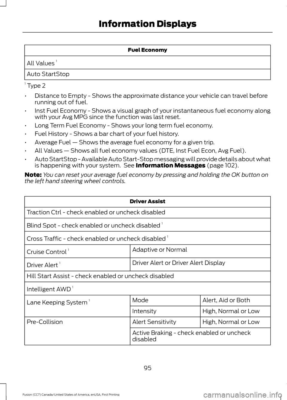 FORD FUSION (AMERICAS) 2017 2.G Owners Manual Fuel Economy
All Values 1
Auto StartStop
1 Type 2
• Distance to Empty - Shows the approximate distance your vehicle can travel before
running out of fuel.
• Inst Fuel Economy - Shows a visual gr FORD FUSION (AMERICAS) 2017 2.G Owners Manual Fuel Economy
All Values 1
Auto StartStop
1 Type 2
• Distance to Empty - Shows the approximate distance your vehicle can travel before
running out of fuel.
• Inst Fuel Economy - Shows a visual gr