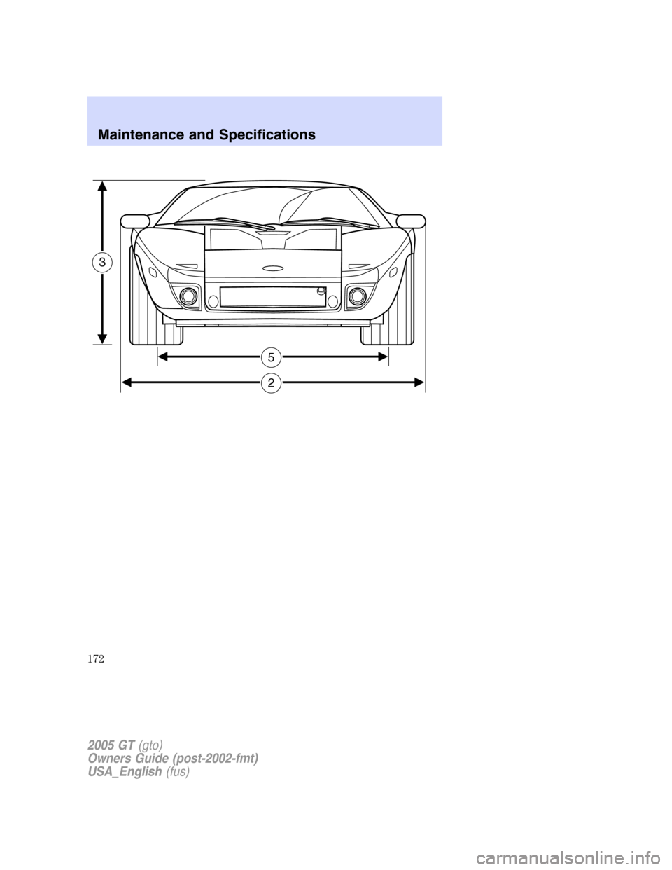 FORD GT 2005 1.G Owners Manual
3
5
2
2005 GT(gto)
Owners Guide (post-2002-fmt)
USA_English(fus)
Maintenance and Specifications
172 FORD GT 2005 1.G Owners Manual
3
5
2
2005 GT(gto)
Owners Guide (post-2002-fmt)
USA_English(fus)
Maintenance and Specifications
172