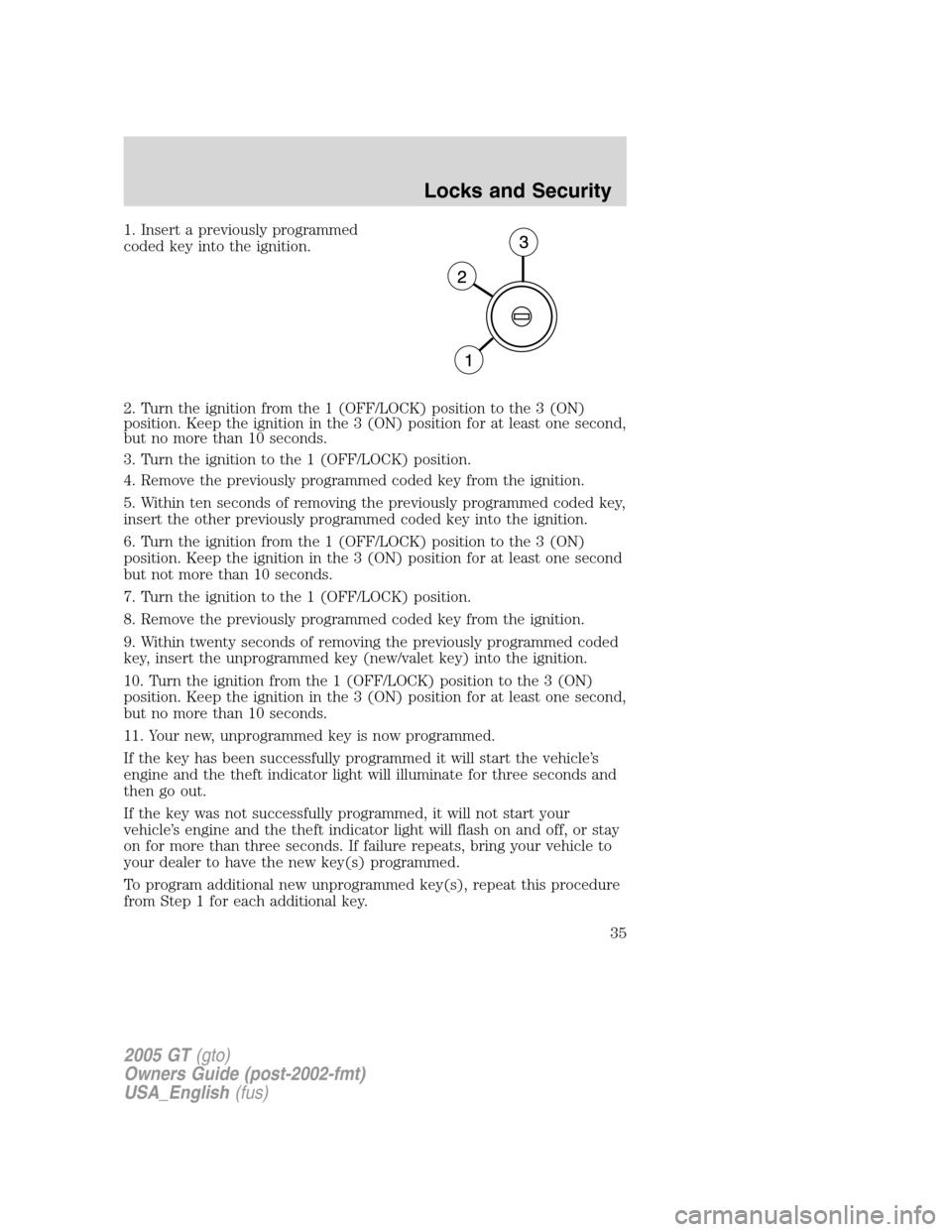 FORD GT 2005 1.G Owners Guide 
1. Insert a previously programmed
coded key into the ignition.
2. Turn the ignition from the 1 (OFF/LOCK) position to the 3 (ON)
position. Keep the ignition in the 3 (ON) position for at least one se