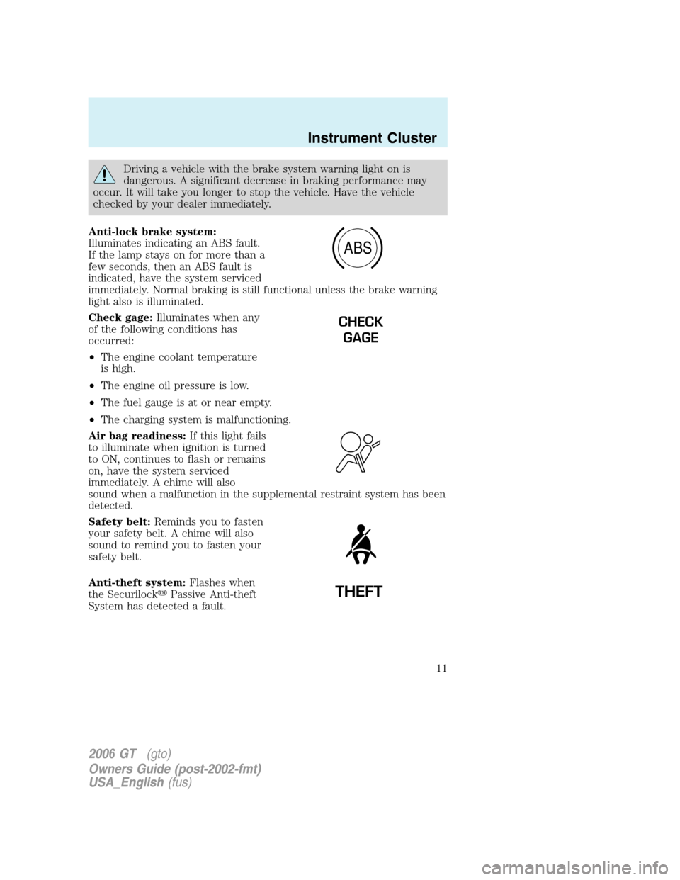 FORD GT 2006 1.G Owners Manual 
Driving a vehicle with the brake system warning light on is
dangerous. A significant decrease in braking performance may
occur. It will take you longer to stop the vehicle. Have the vehicle
checked b