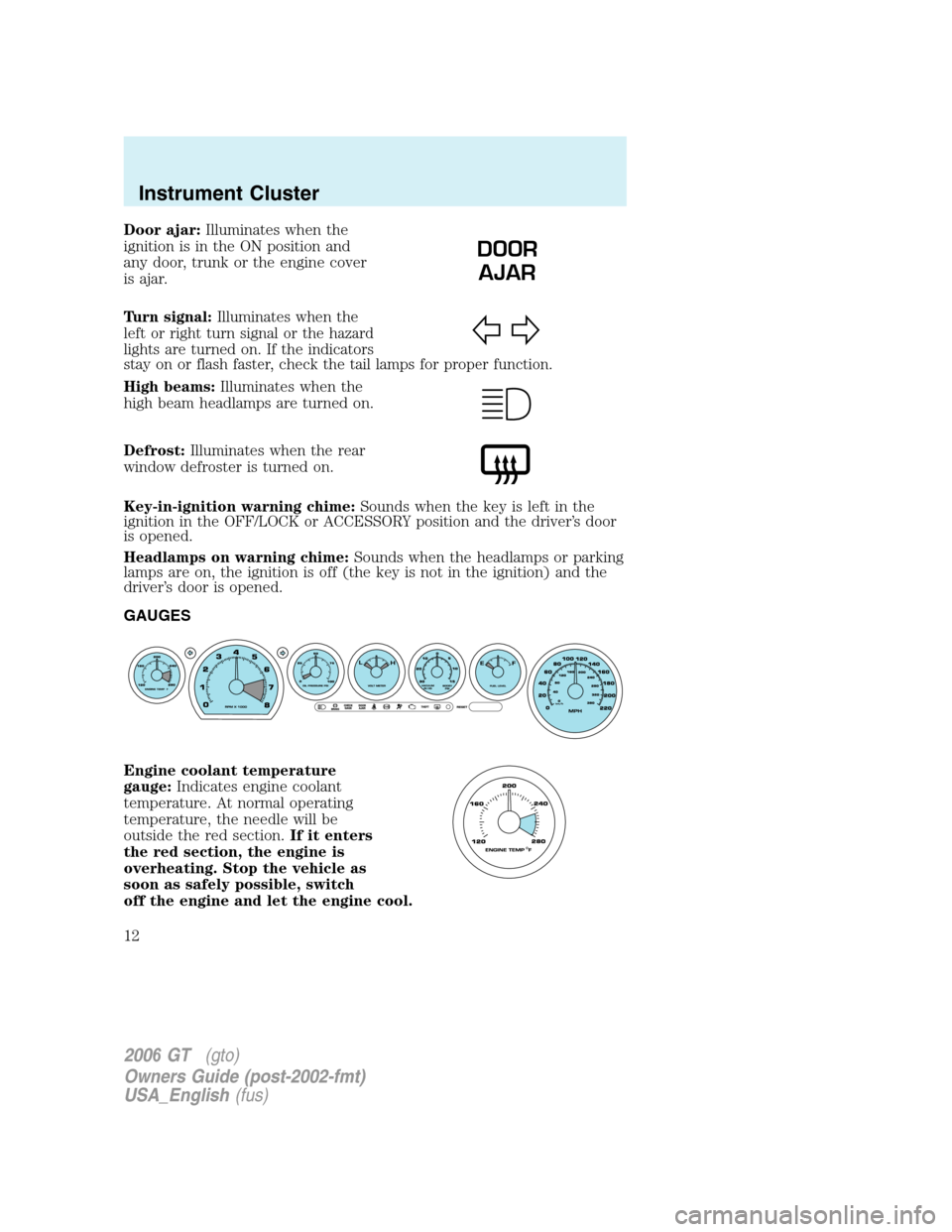 FORD GT 2006 1.G User Guide 
Door ajar:Illuminates when the
ignition is in the ON position and
any door, trunk or the engine cover
is ajar.
Turn signal: Illuminates when the
left or right turn signal or the hazard
lights are tur