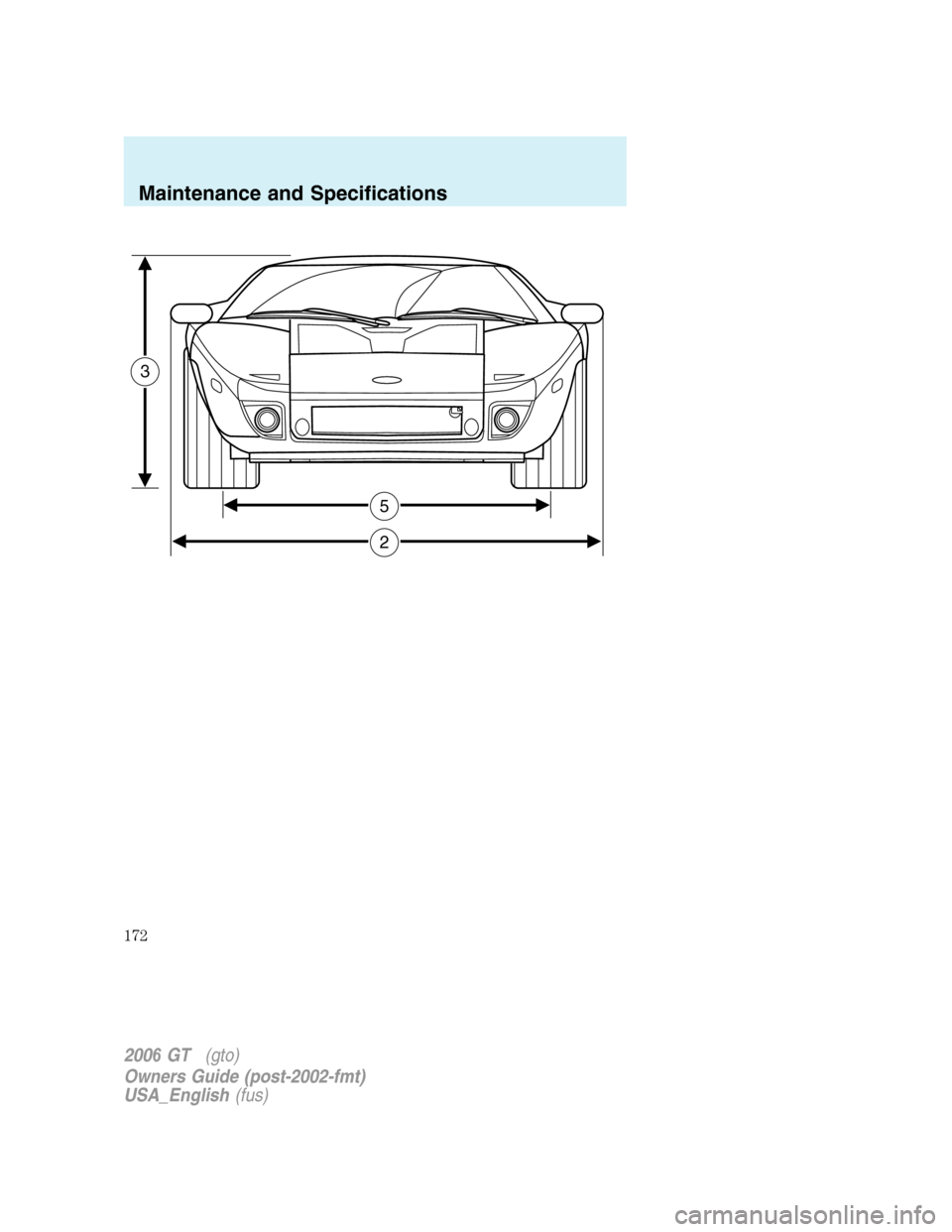 FORD GT 2006 1.G Owners Manual
3
5
2
2006GT (gto)
Owners Guide (post-2002-fmt)
USA_English (fus)
Maintenance and Specifications
172 FORD GT 2006 1.G Owners Manual
3
5
2
2006GT (gto)
Owners Guide (post-2002-fmt)
USA_English (fus)
Maintenance and Specifications
172